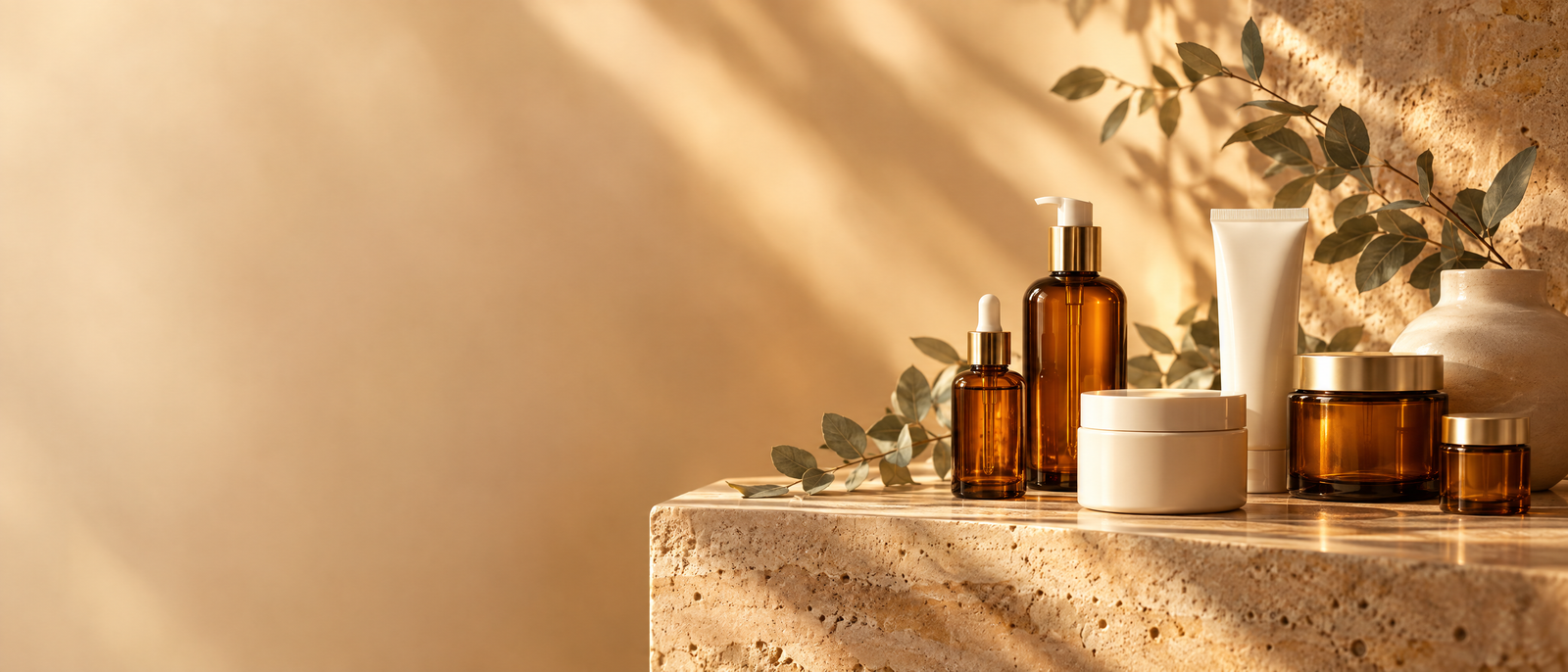 Warm amber and ivory skincare collection in golden morning light