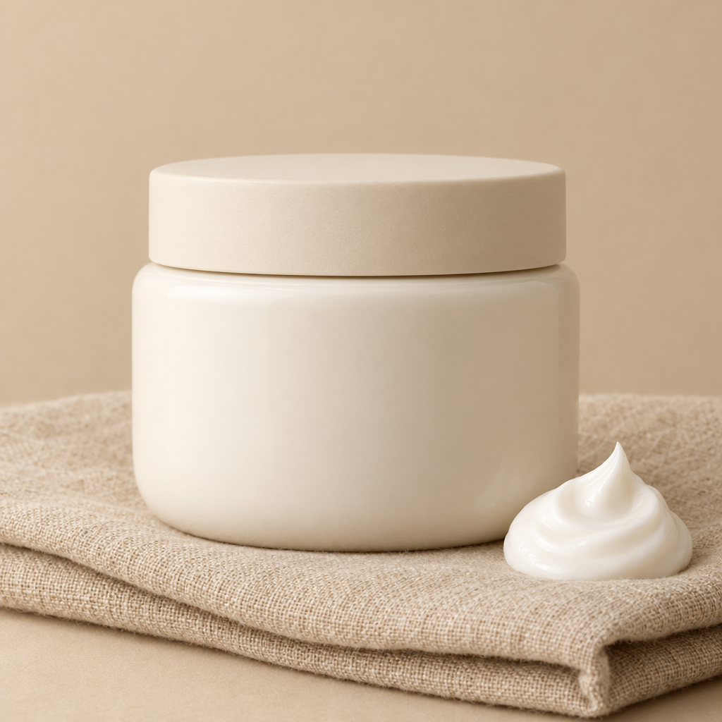 Nourishing lotion jar on soft linen